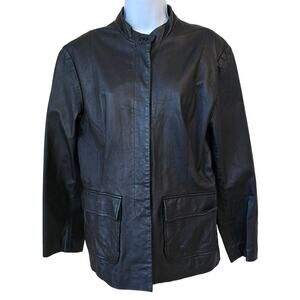 Newport News Black Leather Jacket Mid Length Band Collar Buttoned Coat Women's L